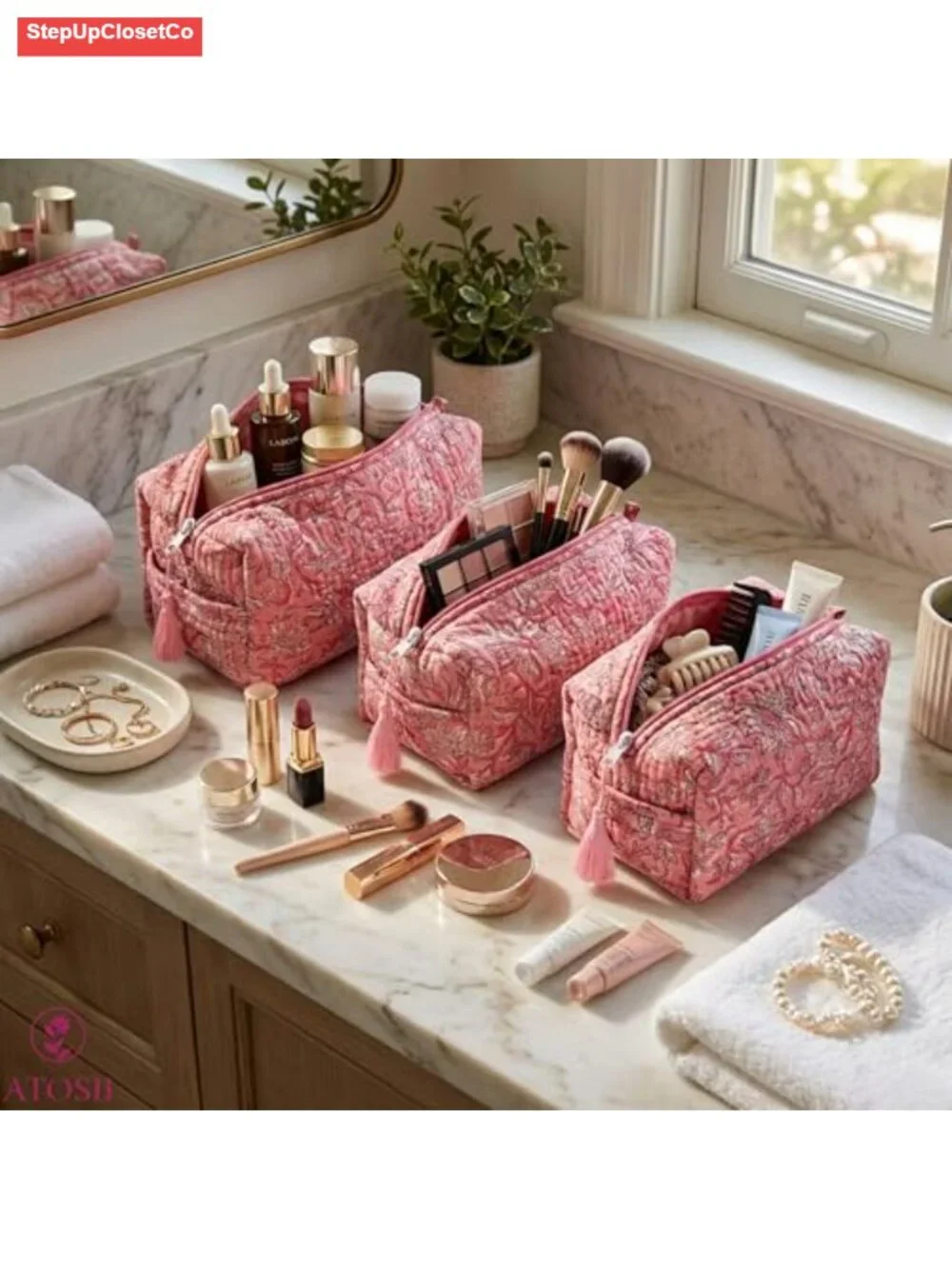Set of 3 Quilted Cotton Handblock Print Makeup Travel Bag Toiletry Cosmetic Case